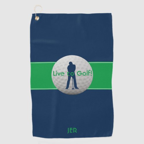Live to Golf Quote Typography Blue Green Monogram Golf Towel