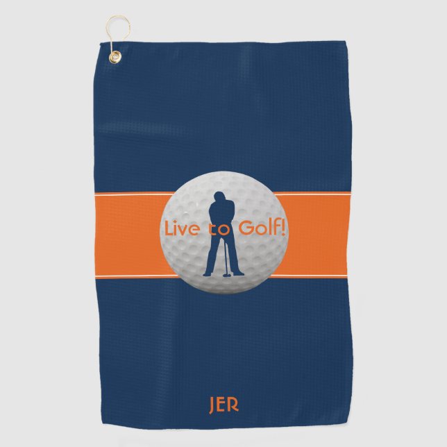 Live to Golf Quote Typography Blue Orange Monogram Golf Towel (Front)