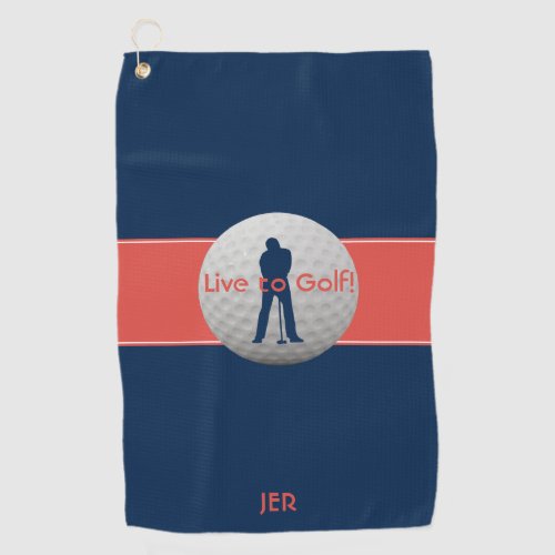 Live to Golf Quote Typography Blue  Red Monogram Golf Towel