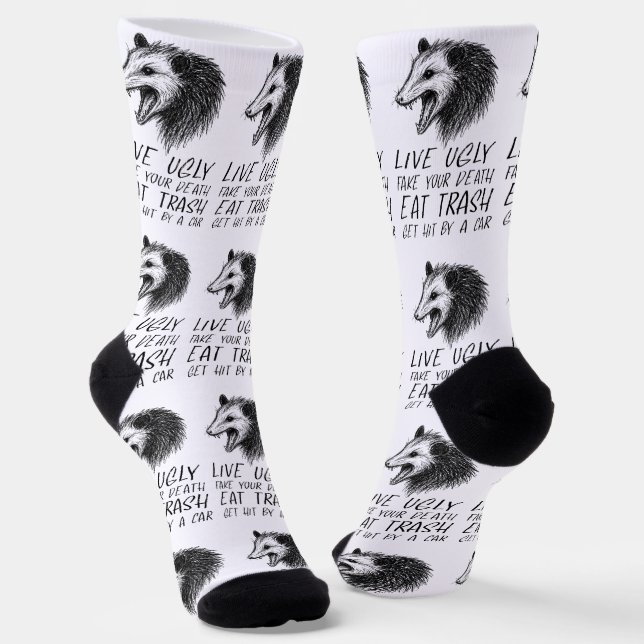 Live Ugly Fake Your Death Eat Trash Funny Opossum Socks (Angled)