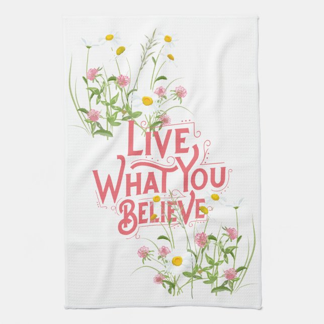 Live What You Believe Quote Purple Dainty Floral Kitchen Towel (Vertical)