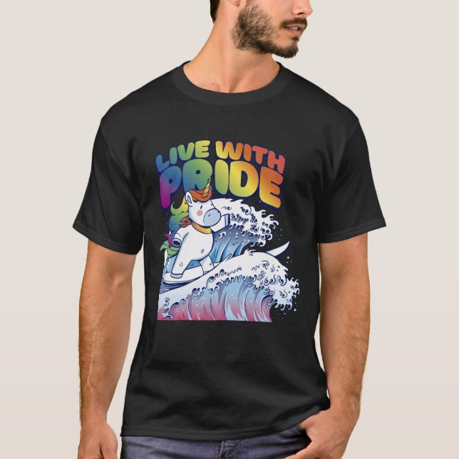 Live With Pride Unicorn Surfing T-Shirt (Front)