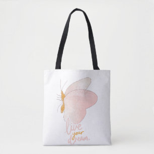 Live Your Dream Pink Butterfly Typography Tote Bag