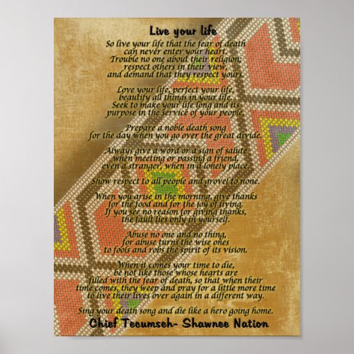 Live your life Chief Tecumseh beads on parchment Poster