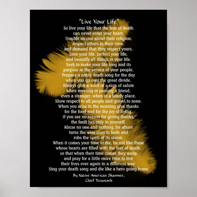 "Live Your Life"  Golden feathers, Chief Tecumseh Poster (Front)