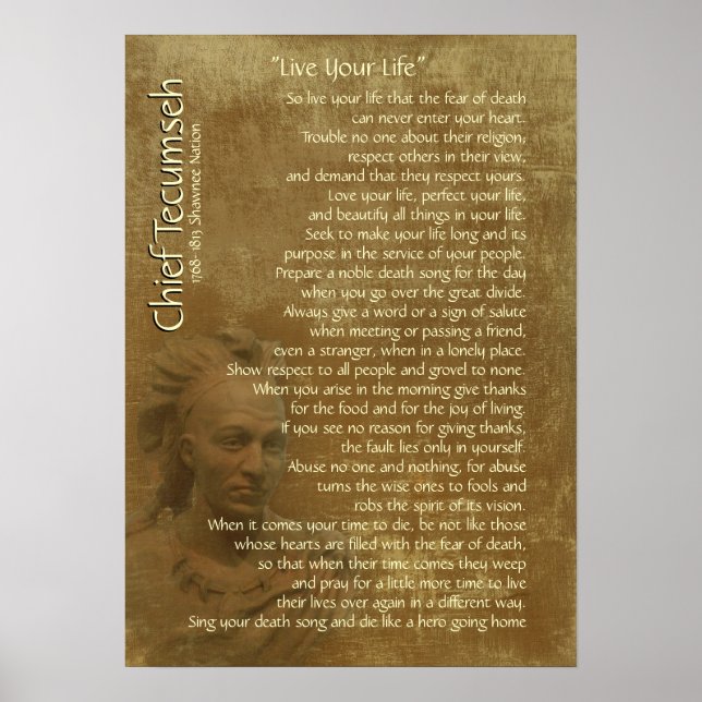 "Live Your Life"  on old parchment, Chief Tecumseh Poster (Front)