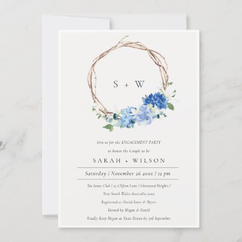 Lively Blue Floral Wood Wreath Engagement Invite 