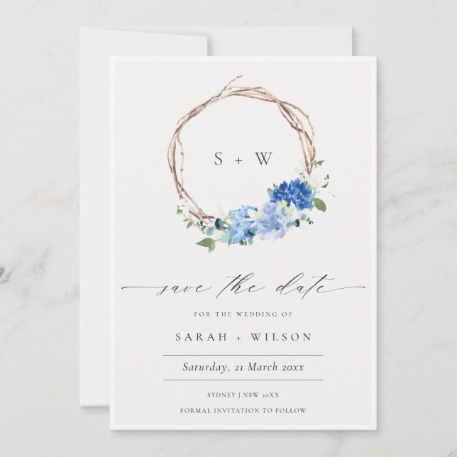 Lively Blue Floral Wood Wreath Save The Date Card (Front)