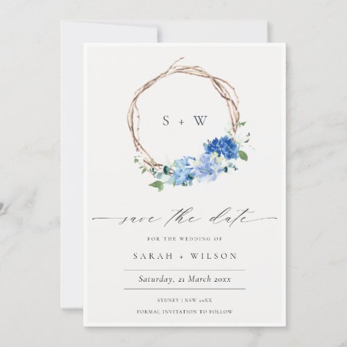 Lively Blue Floral Wood Wreath Save The Date Card
