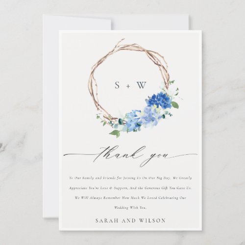 Lively Blue Floral Wooden Wreath Monogram Wedding Thank You Card