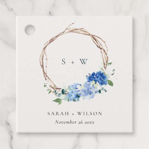Lively Blue Floral Wooden Wreath Wedding Monogram Favor Tags