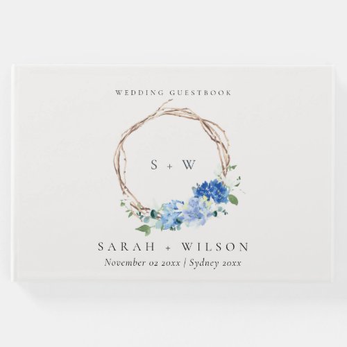 Lively Blue Floral Wooden Wreath Wedding Monogram Guest Book