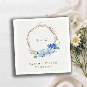 Lively Blue Floral Wooden Wreath Wedding Monogram Napkins