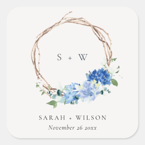 Lively Blue Floral Wooden Wreath Wedding Monogram Square Sticker