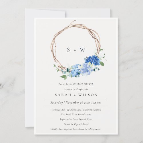 Lively Blue Floral Wreath Couples Shower Invite 