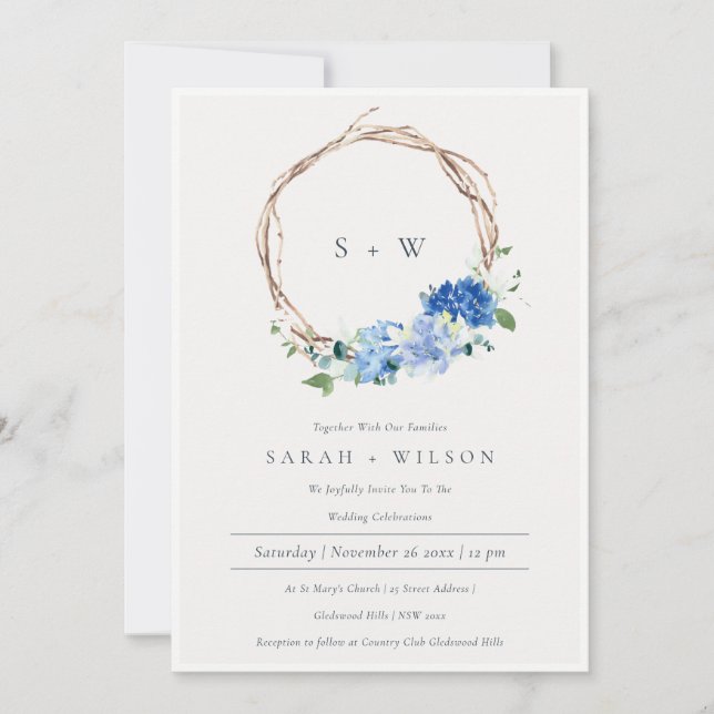 Lively Blue Floral Wreath Monogram Wedding Invite  (Front)