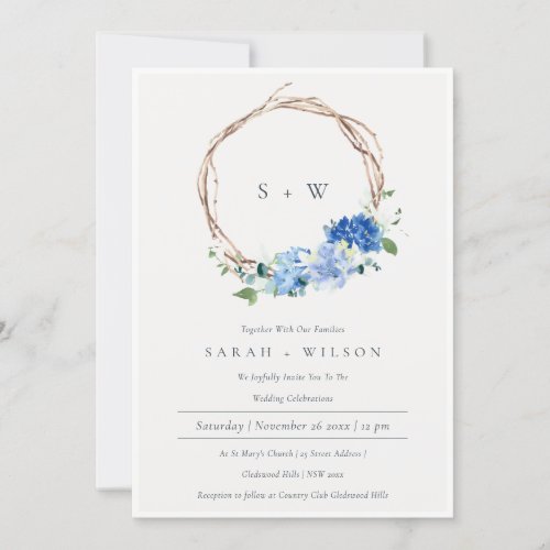 Lively Blue Floral Wreath Monogram Wedding Invite 
