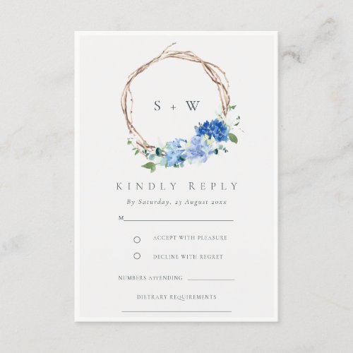 Lively Blue Floral Wreath Monogram Wedding RSVP Enclosure Card
