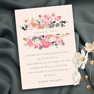 Lively Blush Pink Watercolor Floral Bridal Shower Thank You Card