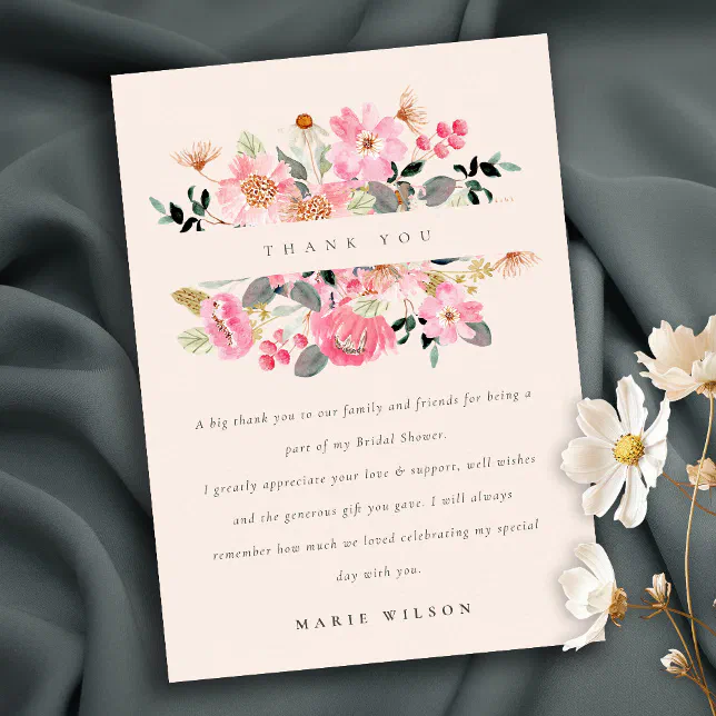 Lively Blush Pink Watercolor Floral Bridal Shower Thank You Card | Zazzle