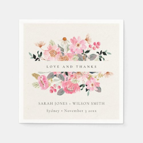 Lively Blush Pink Watercolor Floral Wedding Thanks Napkins