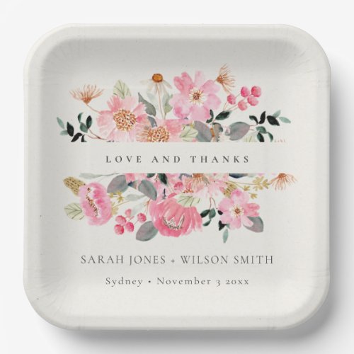 Lively Blush Pink Watercolor Floral Wedding Thanks Paper Plates