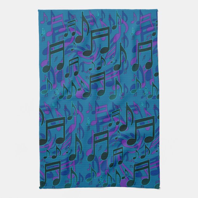 Lively Dancing Music Notes Blue Green Upbeat Kitchen Towel (Vertical)
