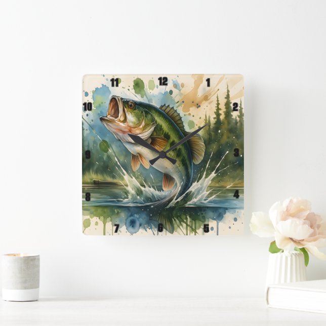 Lively Jumping Bass Lake Illustrated Square Wall Clock (Home)