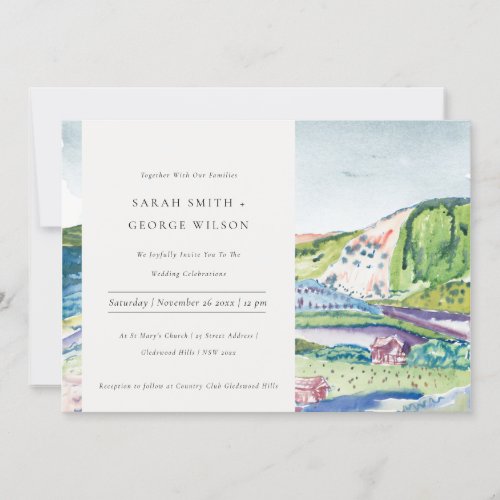 Lively Mountain Scape Blush Green Wedding Invite