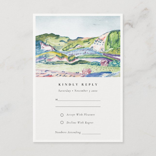 Lively Mountain Scape Blush Green Wedding RSVP Enclosure Card (Front)