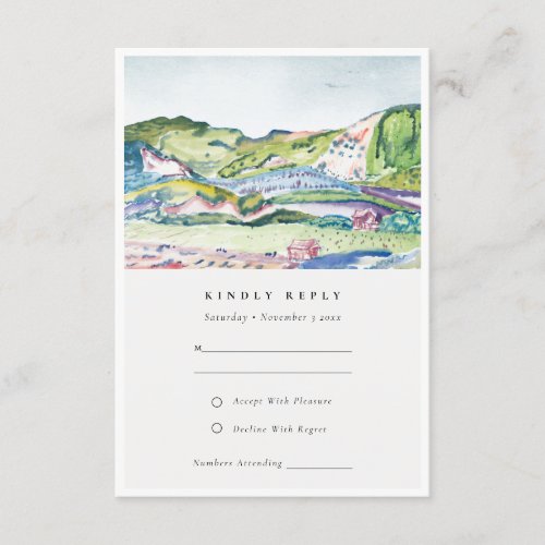 Lively Mountain Scape Blush Green Wedding RSVP Enclosure Card