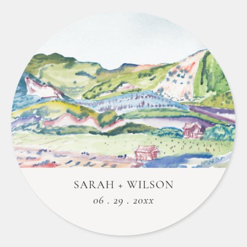Lively Mountain Scape Blush Watercolor Wedding Classic Round Sticker