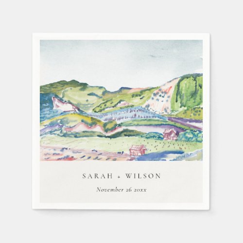 Lively Mountain Scape Blush Watercolor Wedding Napkins