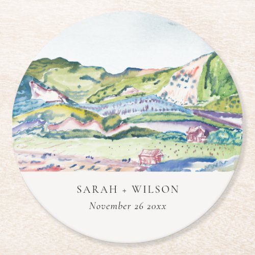 Lively Mountain Scape Blush Watercolor Wedding Round Paper Coaster