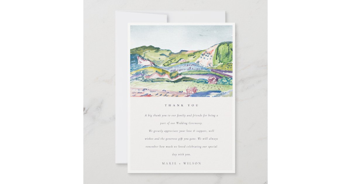 Lively Mountain Scape Blush Watercolor Wedding Thank You Card | Zazzle