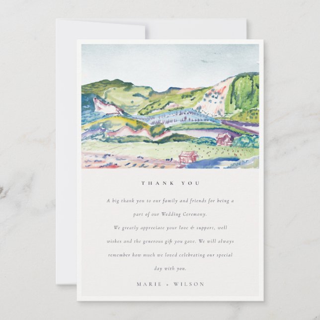 Lively Mountain Scape Blush Watercolor Wedding Thank You Card (Front)