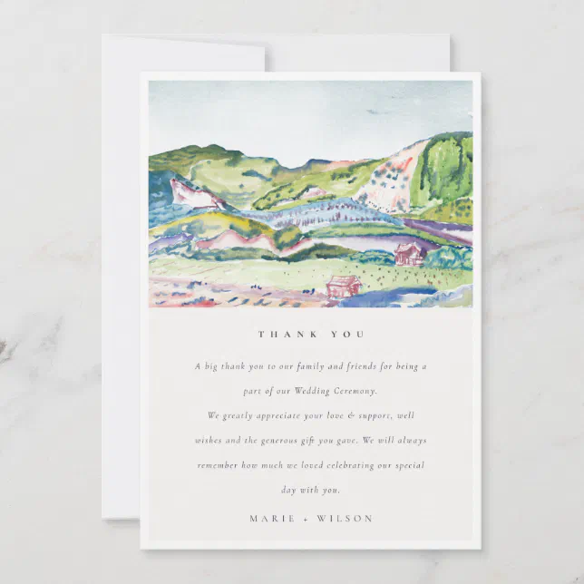Lively Mountain Scape Blush Watercolor Wedding Thank You Card | Zazzle
