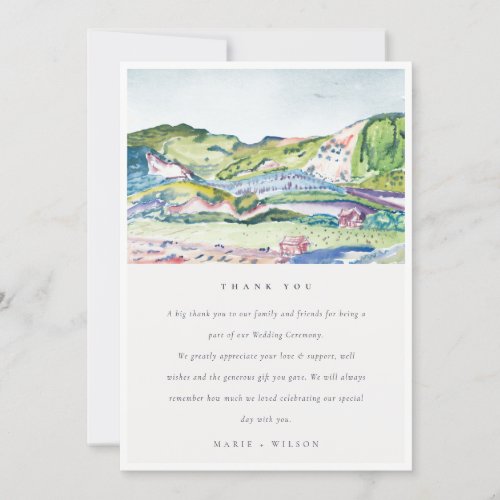 Lively Mountain Scape Blush Watercolor Wedding Thank You Card