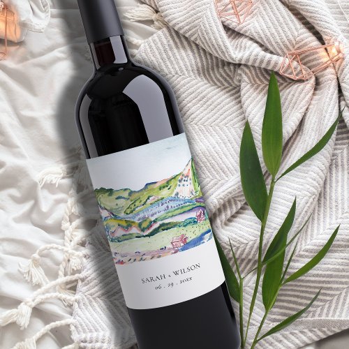 Lively Mountain Scape Blush Watercolor Wedding Wine Label