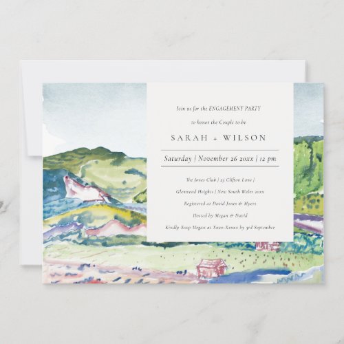 Lively Mountain Scape Watercolor Engagement Invite
