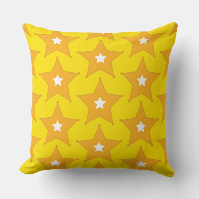 Lively Orange Sheriff Badges on Bright Yellow Back Throw Pillow (Front)