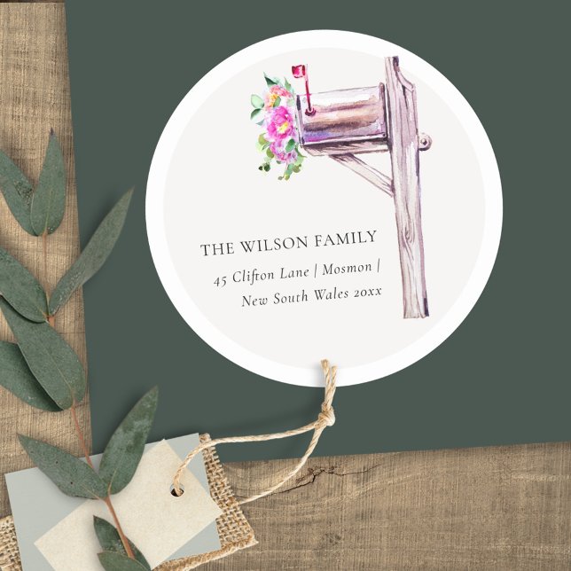 Lively Pink Floral Mailbox We have Moved Address Classic Round Sticker (Creator Uploaded)