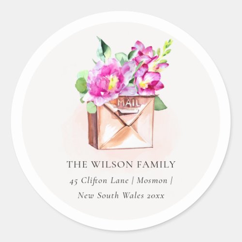 Lively Pink Floral Mailbox We have Moved Address Classic Round Sticker