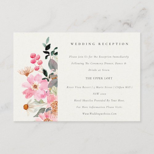 Lively Pink Watercolor Floral Wedding Reception Enclosure Card