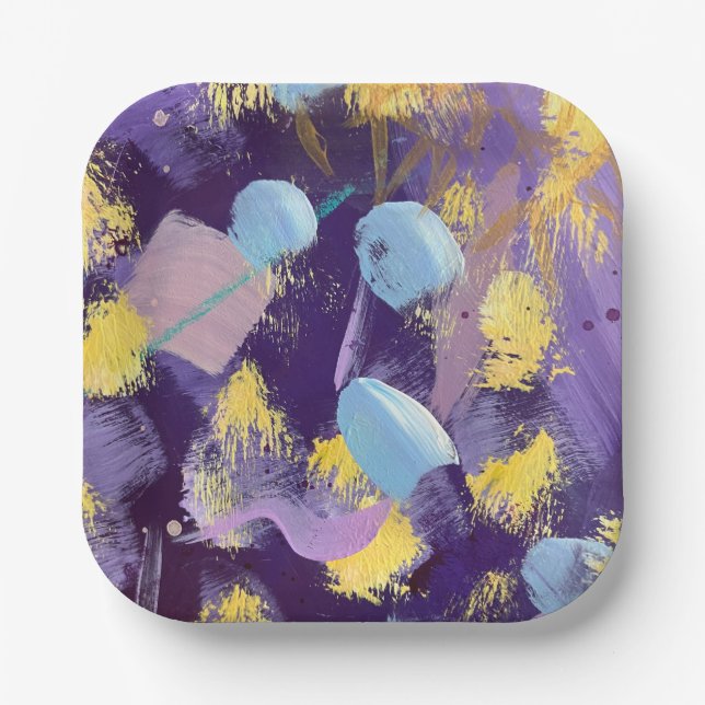 Lively Purple and Blue Abstract Art Paper Plates (Front)