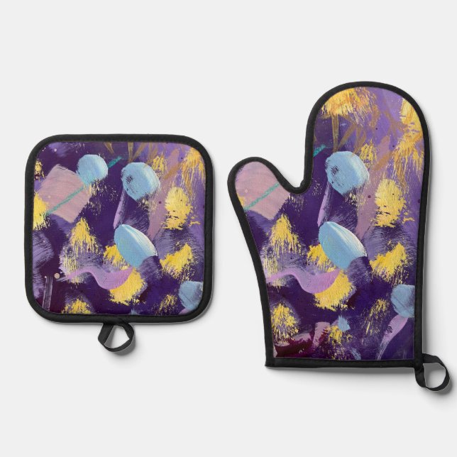 Lively, Purple and Yellow, Abstract Art  Oven Mitt & Pot Holder Set (Front)