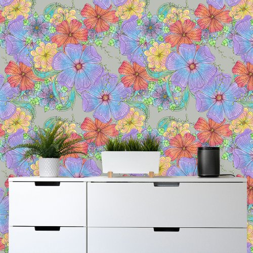 Lively Purple Orange Yellow Boho Blooms Wallpaper