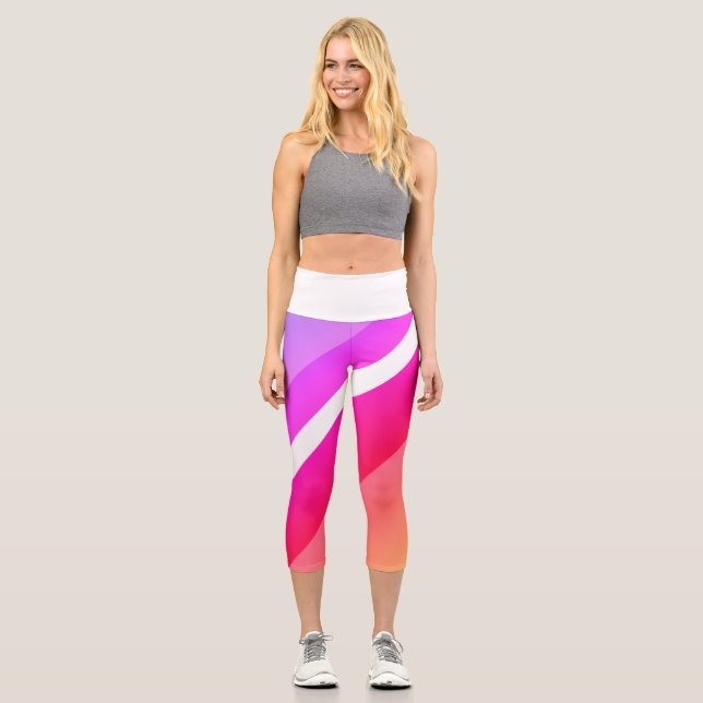 Lively Red and Lilac Modern Diagonal Bands Capri Leggings (Front)
