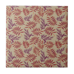 Lively Red and Purple Leaf Motifs on Neutral Beige Ceramic Tile