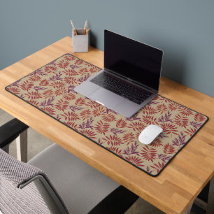 Lively Red and Purple Leaf Motifs on Neutral Beige Desk Mat